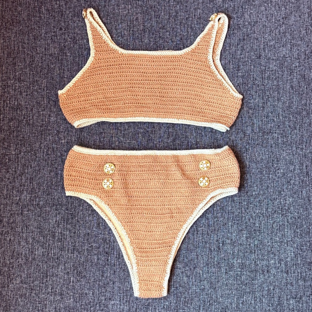 Tan Crochet Bikini Set With Cream Contrast Maiyo x Natalie Off Duty